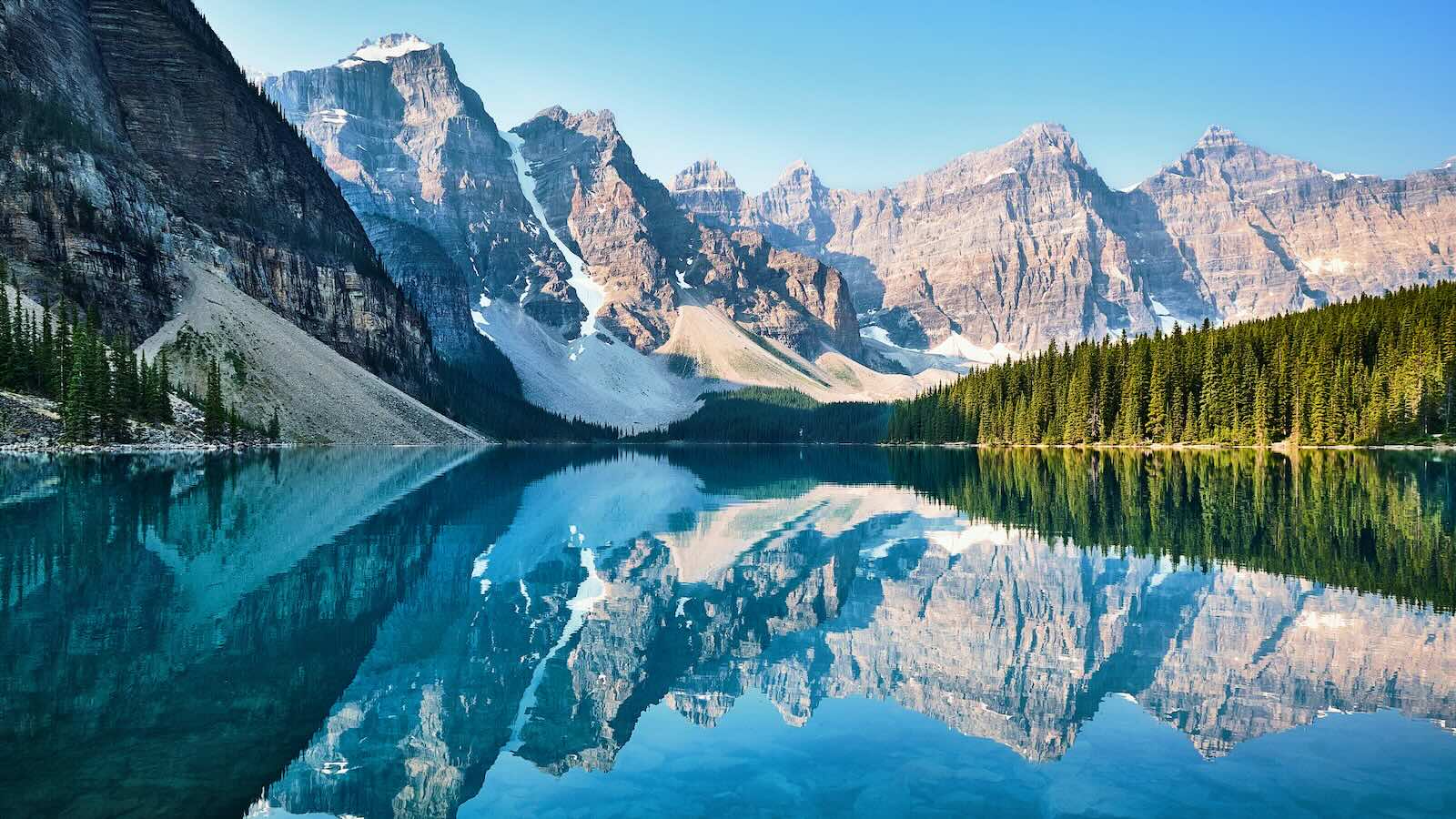 View across Moraine Lake at the Canadian Rocky Mountains.